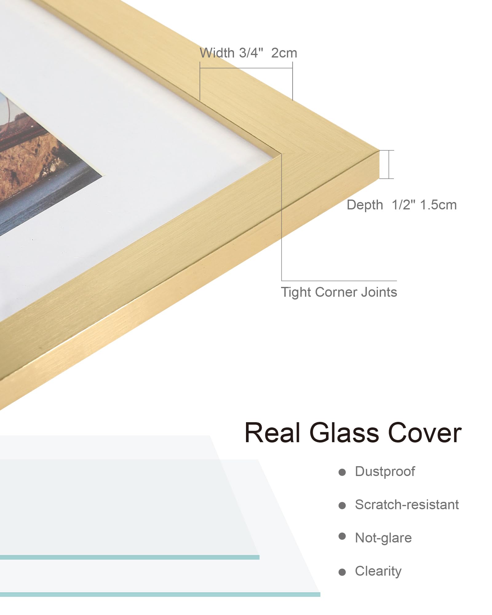Hongkee 5x7 Picture Frame (4 Pack, Gold) Made of Real Glass and Wooden Frame - Display Pictures 4x6 with Mat or 5x7 Without Mat,